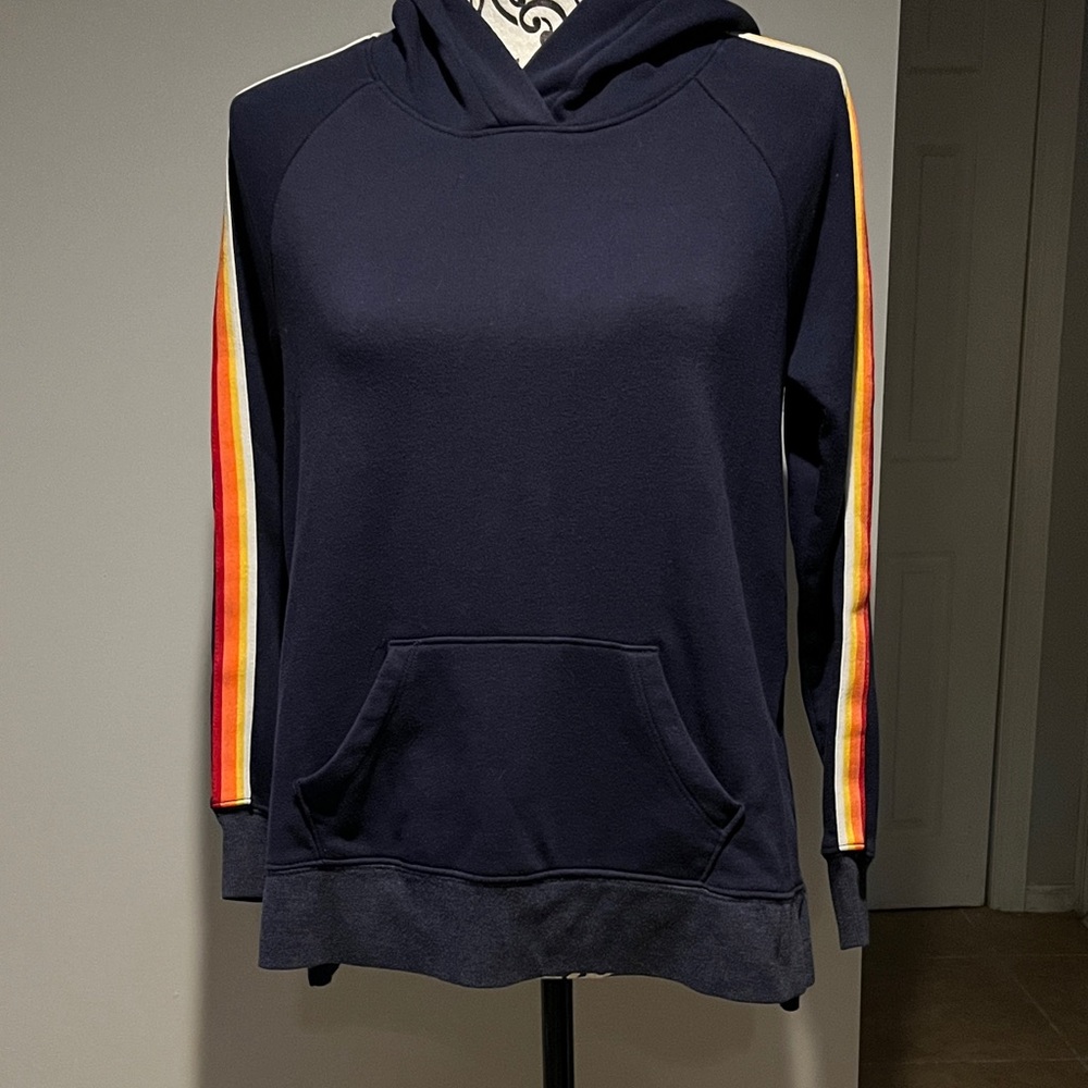 Navy Blue Sweatshirt with Rainbow Stripes